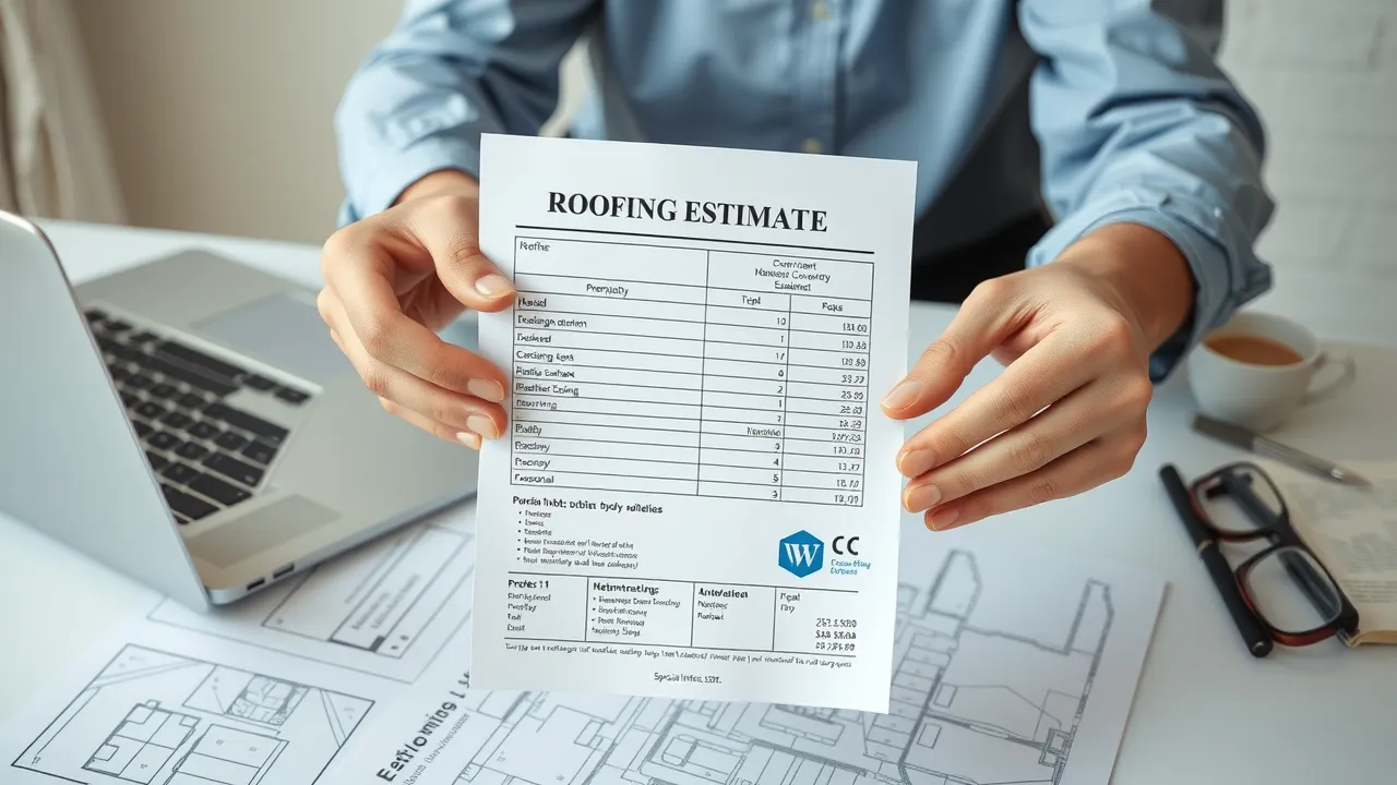 Neatly presented roofing estimate document in Carlsbad, CA, showing hands holding paper over an office desk with laptop and architectural plans, bright and natural lighting.