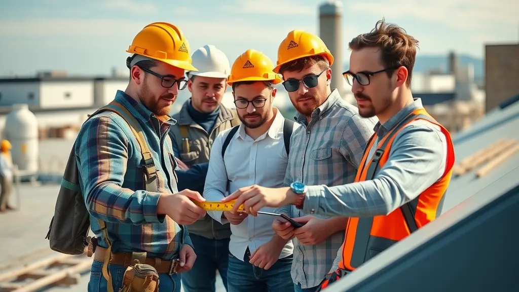 Diverse team of professional roofers inspecting a rooftop in Carlsbad, CA, demonstrating professional action, safety equipment, and roof materials in a sunny, suburban setting.