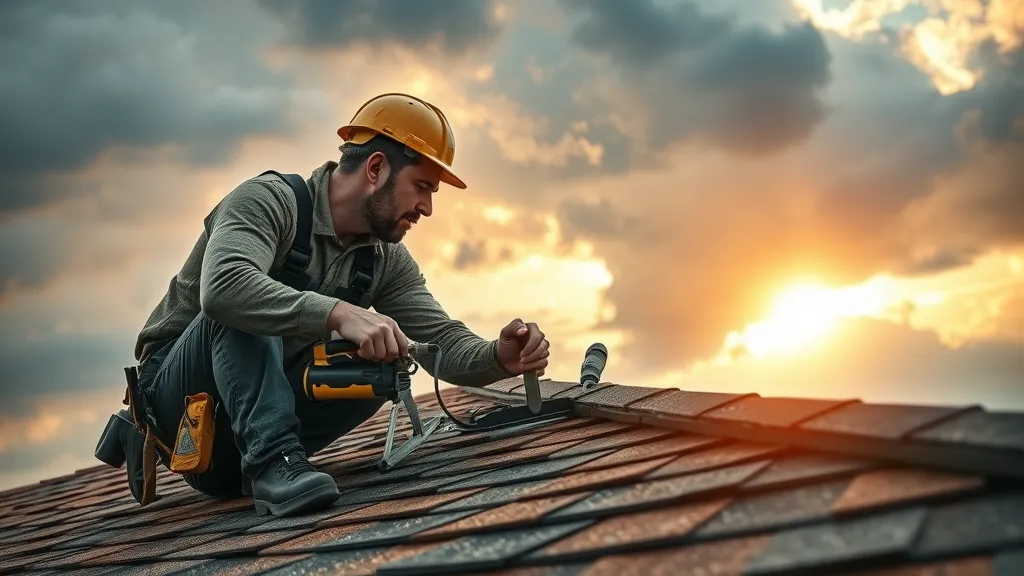 Experienced roofer in Carlsbad, CA repairing roof shingles using tools on a pitched roof, dramatic backdrop of storm clouds clearing, golden hour sunlight, rich earthy shingle colors.