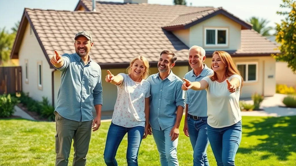 Happy family in Carlsbad inspecting their new roof from the yard, cheerful expressions, with a home in the background featuring freshly installed shingles and a lush green lawn on a bright afternoon.