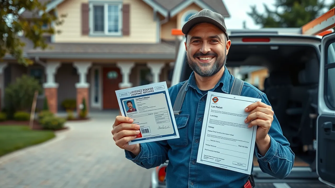 Confident roofing contractor in Carlsbad showing license and insurance papers, smiling, standing beside work vehicle in a driveway, holding crisp paperwork in natural daylight.