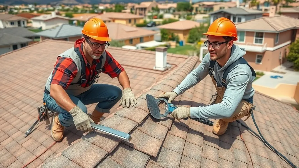 Experienced roofing contractors removing old shingles from a Carlsbad NM suburban house, focused work, desert shrubs in background