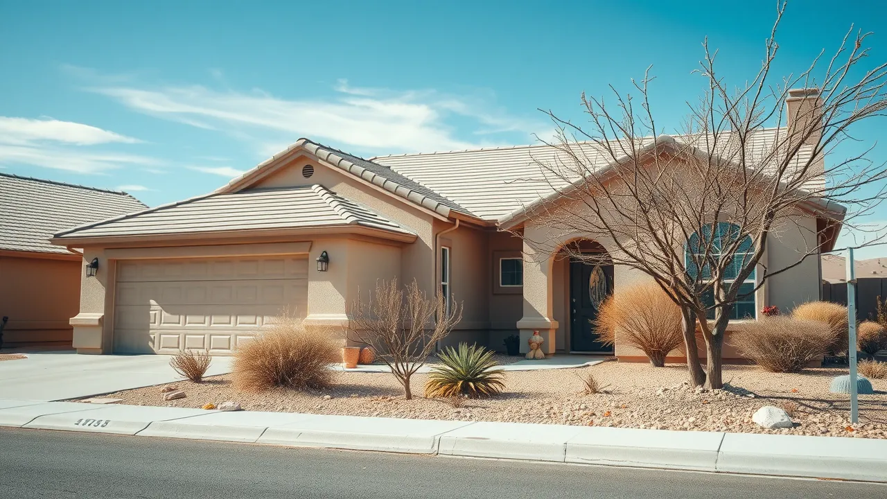Modern residential house with new roof in Carlsbad NM under sunny skies, homeowners inspecting roof, desert landscaping, southwest backdrop