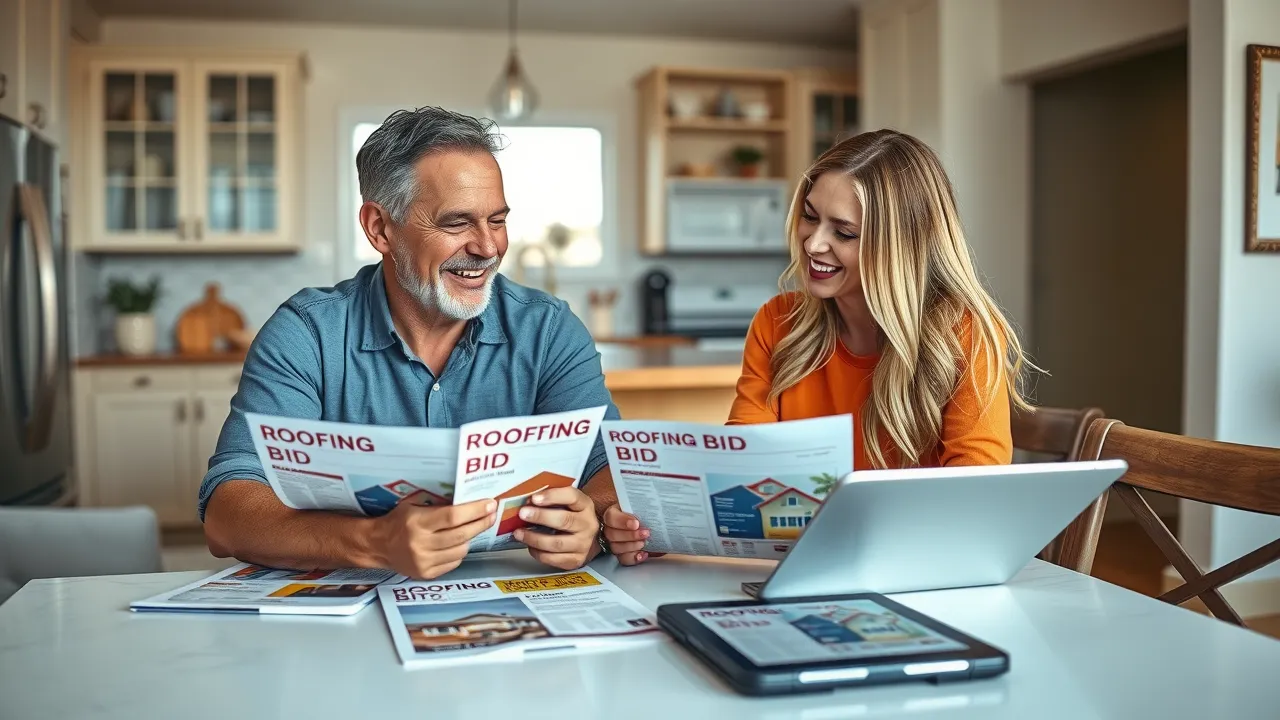 Couple reviewing roofing bids at a kitchen table, discussing options for roof replacement in Carlsbad, NM, with documents and a laptop.