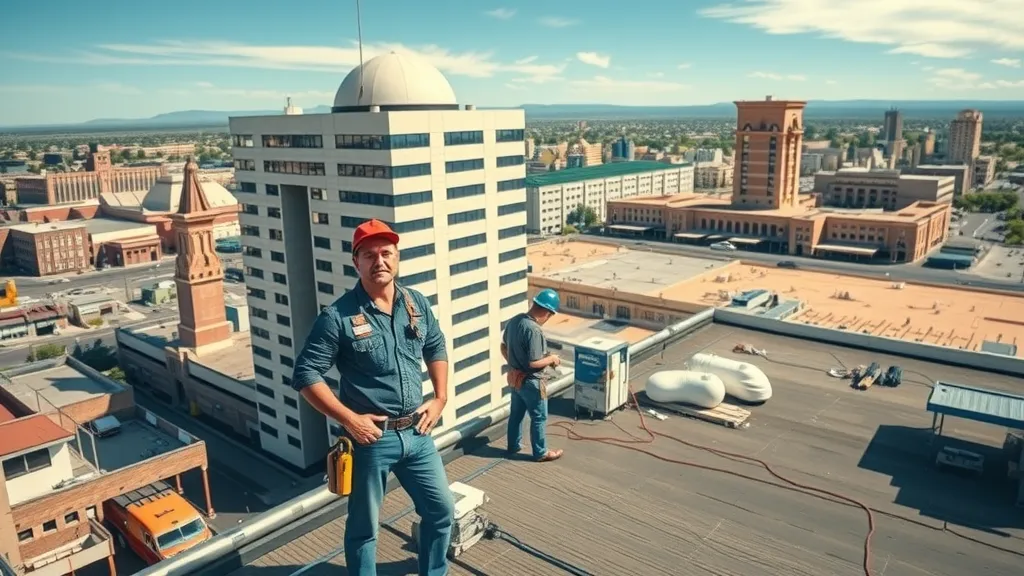 imposing commercial building professional roofing crew inspecting rooftop Photorealistic High Fidelity Lifelike panoramic urban background New Mexico skyline commercial industrial educational governmental roofing Carlsbad and SE New Mexico