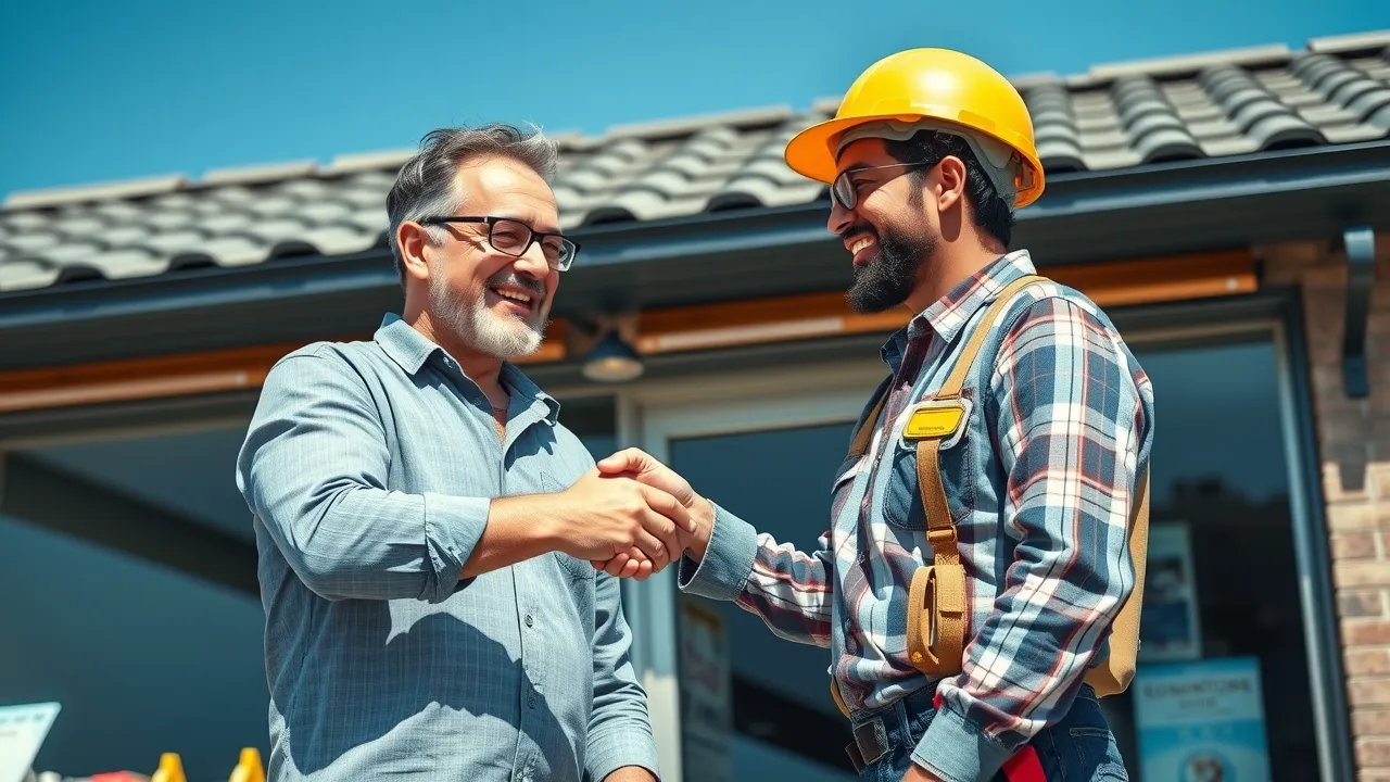 happy business owner roofing contractor handshake commercial roof inspection Carlsbad blue sky celebratory