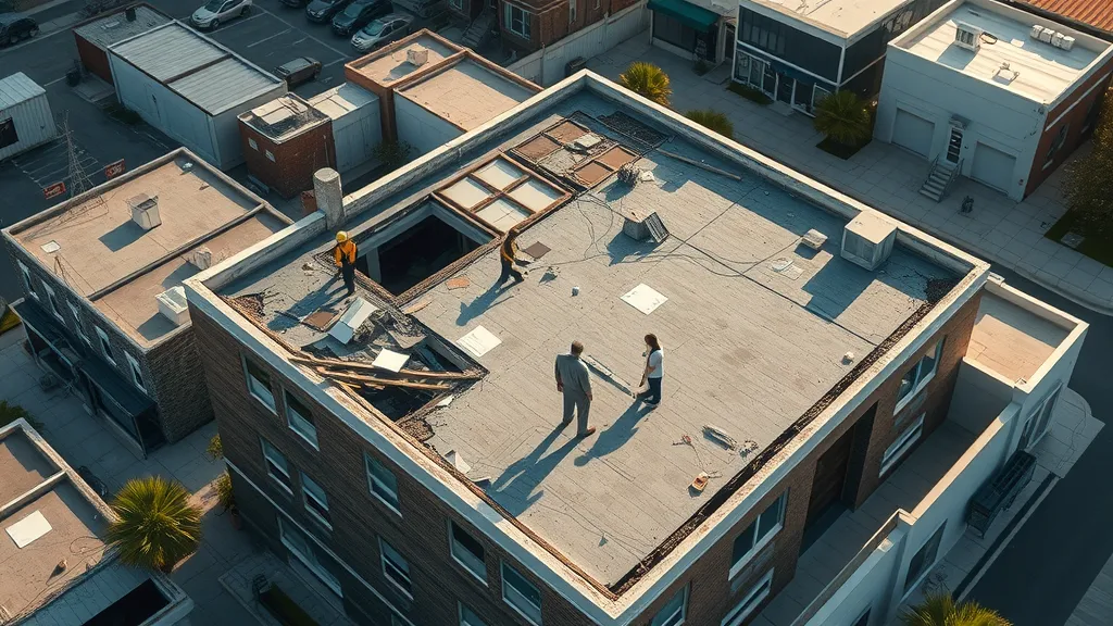 striking aerial view of a commercial building with a damaged roof, concerned business professionals inspecting the area, assessing the damage, commercial roofing Carlsbad and Loving, photorealistic high fidelity, urban commercial neighborhood, safety gear, crisp colors, late afternoon sunlight