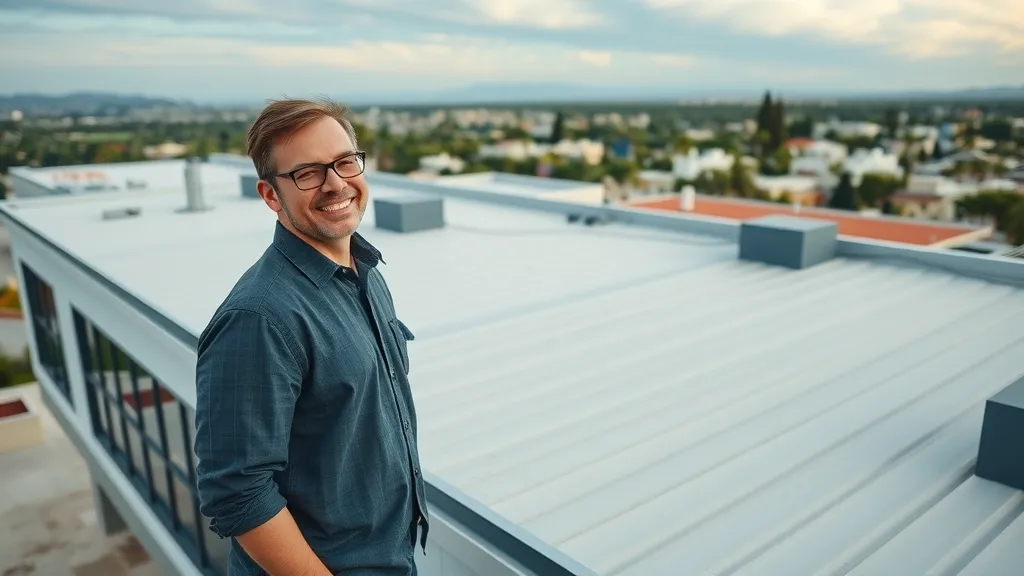 modern commercial building with a newly installed energy-efficient roof, Carlsbad cityscape, roofing services, satisfied manager, green city background