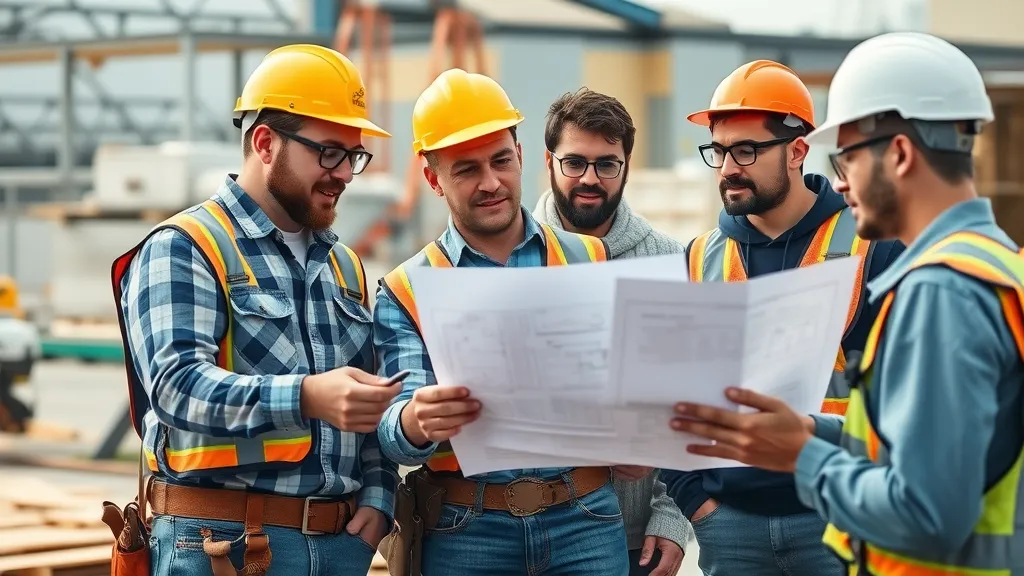 experienced team of roofing contractors collaborating onsite, reviewing blueprints, commercial roofing Carlsbad and Loving, materials, machinery, teamwork