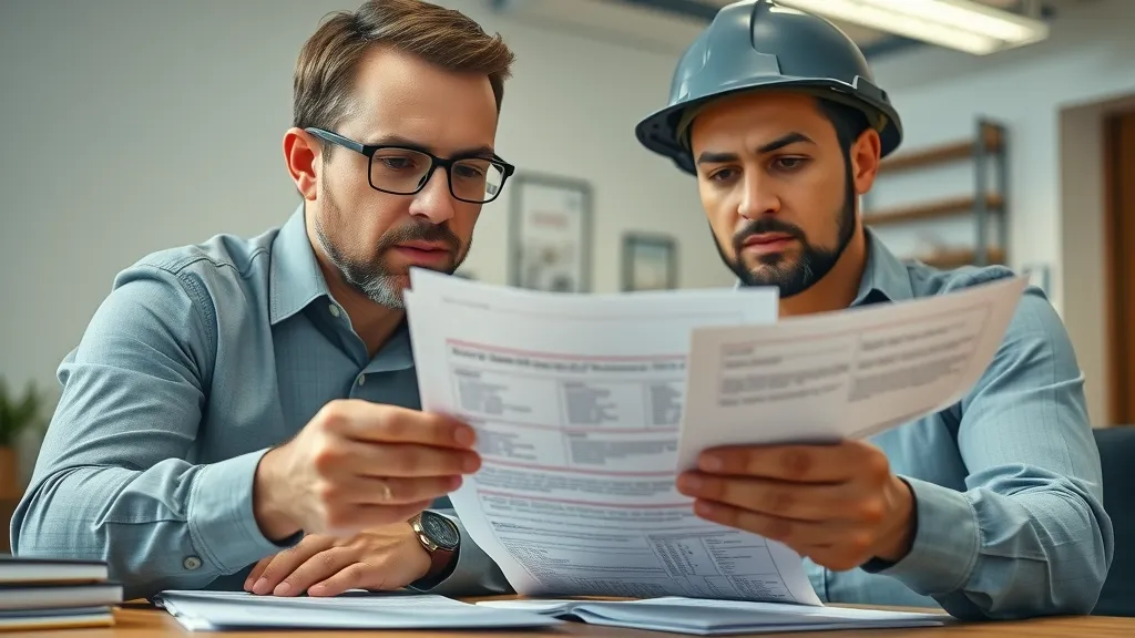 insurance adjuster and roofing contractor reviewing documents, licensing and warranty, commercial roofing Carlsbad and Loving, detailed paperwork