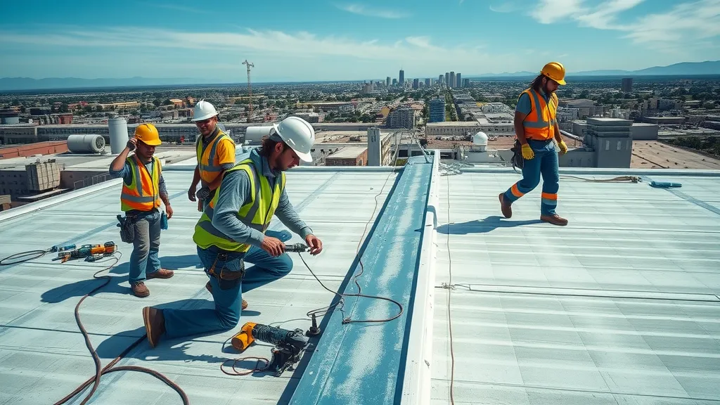 Industrial roofing company contractors working on a large industrial roof in Eunice New Mexico
