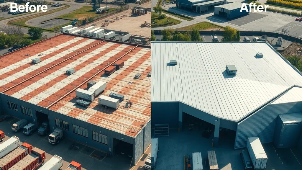 Before and after photo of industrial warehouse roof replacement in Eunice New Mexico, showing energy savings