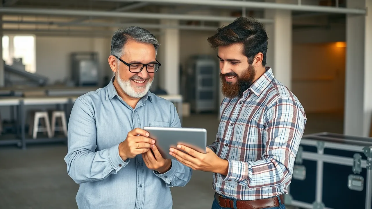 Industrial roofing consultant and business owner reviewing roof inspection photos in Eunice New Mexico