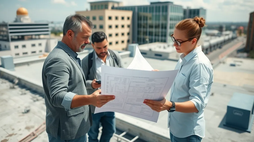 commercial roofing inspection on urban Rosewell building with governmental logos, collaborative professionals and blueprints