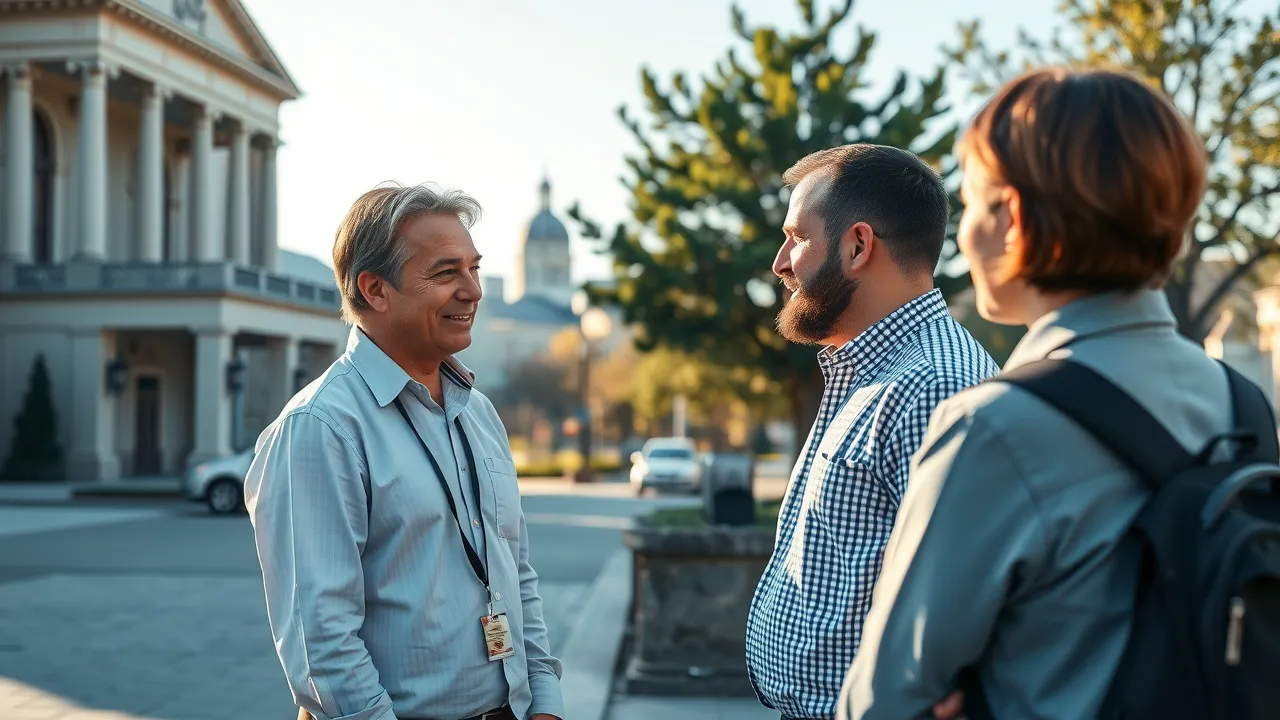 professional roofing company greets business owner outside government building in Rosewell cityscape