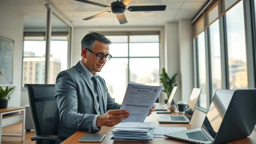 business owner organizes paperwork for governmental roofing meeting in Rosewell office