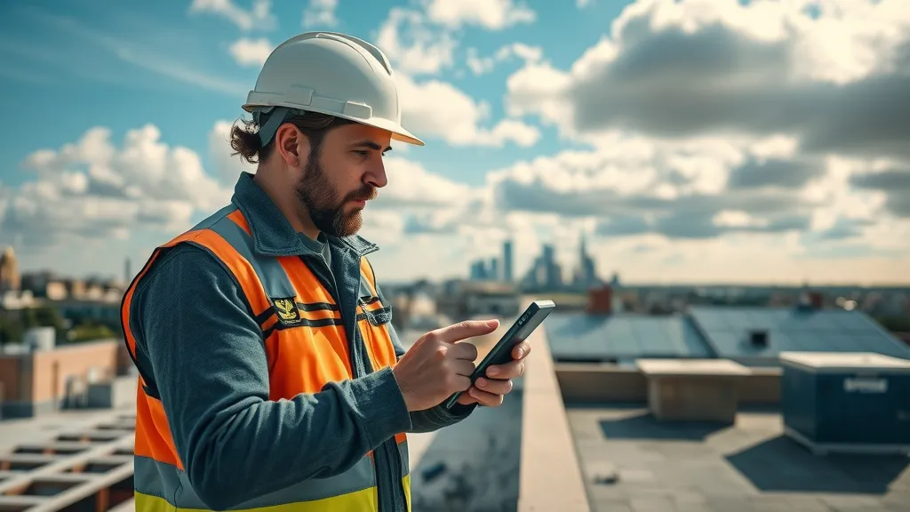 roofing expert digitally inspects commercial roof overlooking Rosewell skyline