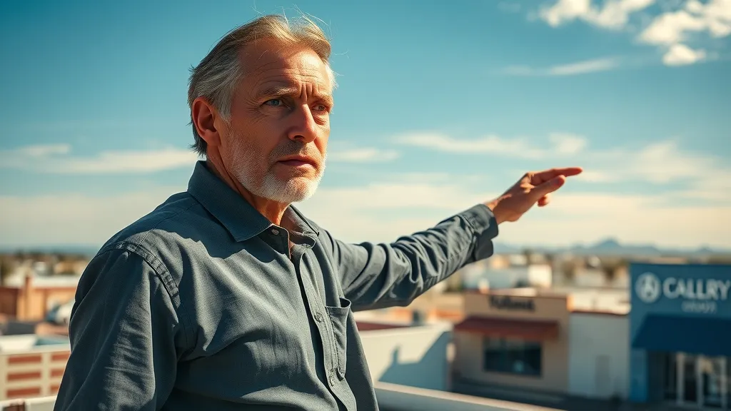 commercial building in Carlsbad NM, business owner inspecting visible roof damage urgently, roof repair Carlsbad NM