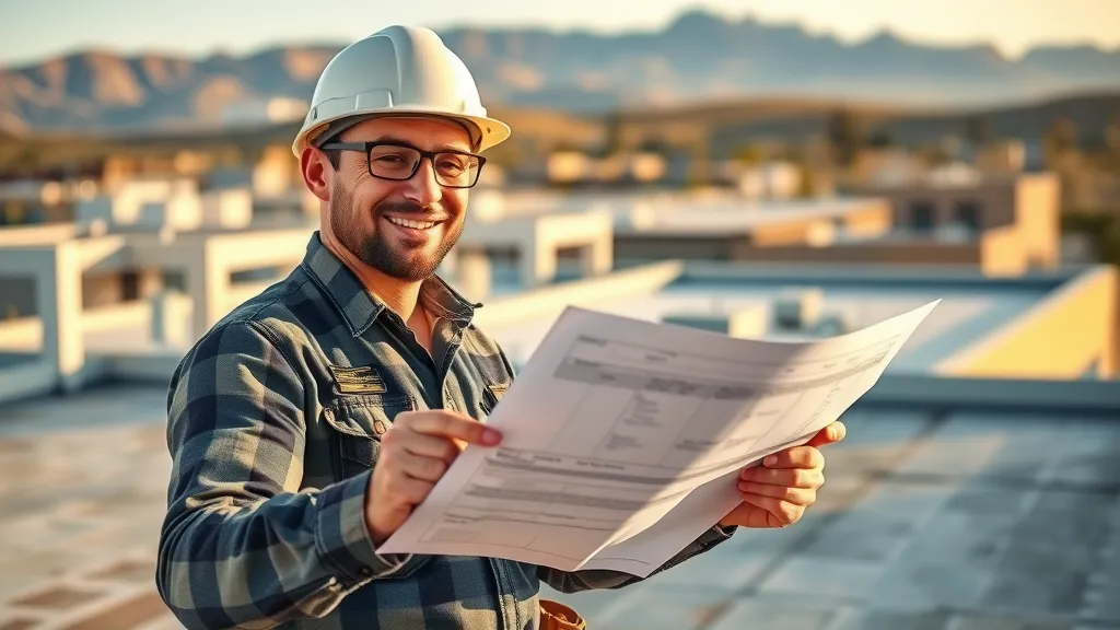 confident roofing contractor reviewing blueprints on rooftop, roof repair Carlsbad NM