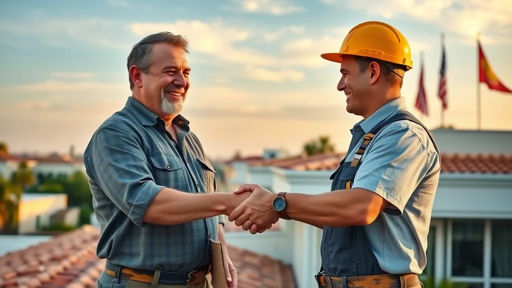 satisfied Carlsbad business owner shaking hands with a roofing contractor after roof repair Carlsbad NM