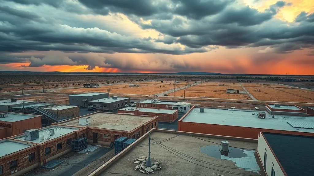 aerial view of commercial roofs after storm roof leak repair carlsbad nm
