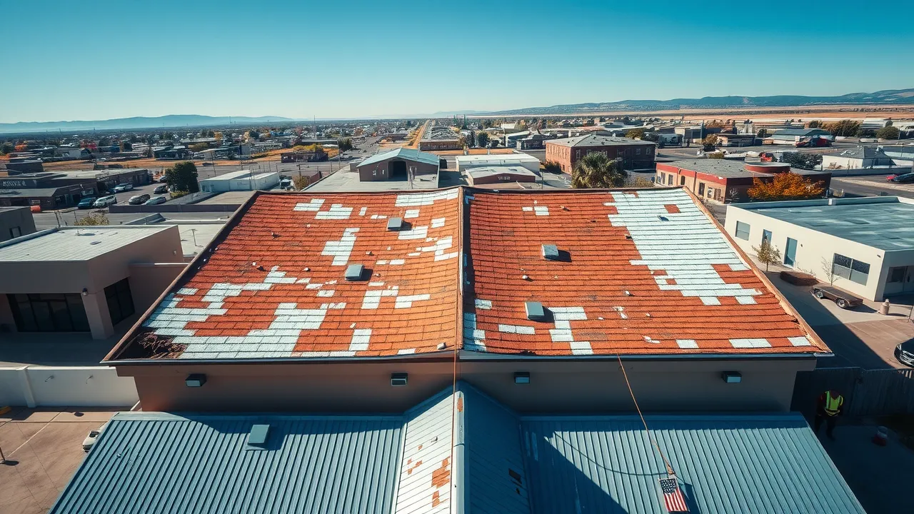 Overhead view of Carlsbad commercial property showing neglected and well-maintained roof sections, highlighting difference in roof maintenance in Carlsbad, coastal skyline in background