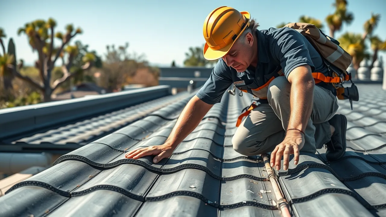 Professional roofer performing an inspection on a modern Carlsbad commercial roof, demonstrating careful roof maintenance practices
