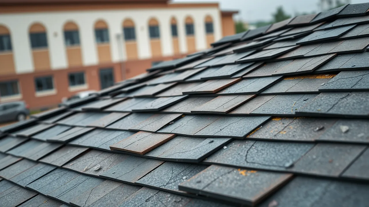 Close-up of damaged shingles with moss and algae, highlighting Carlsbad roof maintenance issues in commercial buildings