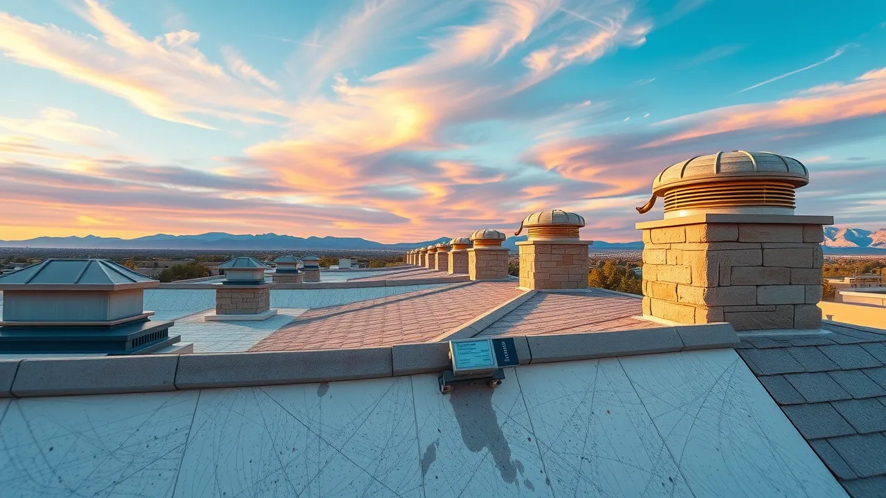 Panoramic view of well-maintained commercial roofs under Carlsbad sky, showcasing successful roof maintenance tips