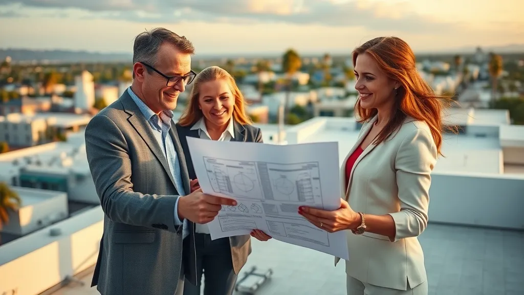 Business owners and contractor reviewing successful Carlsbad roof maintenance on rooftop, displaying collaboration and positive results