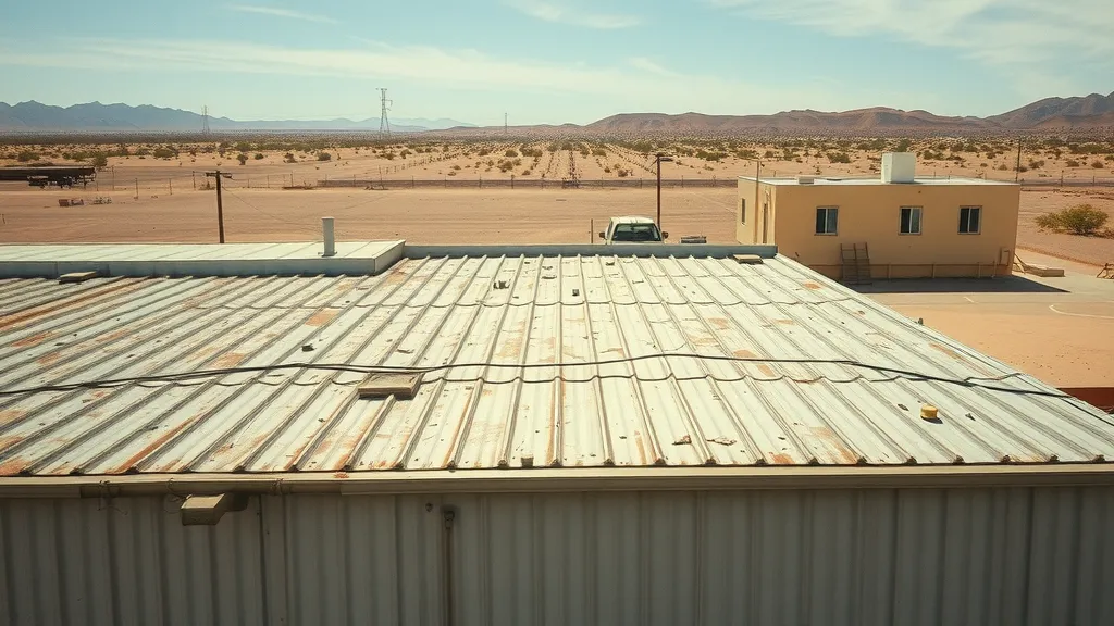 Aging, dirty metal roof on a commercial building in Carlsbad NM, illustrating heat haze and increased cooling costs due to poor roof cleaning