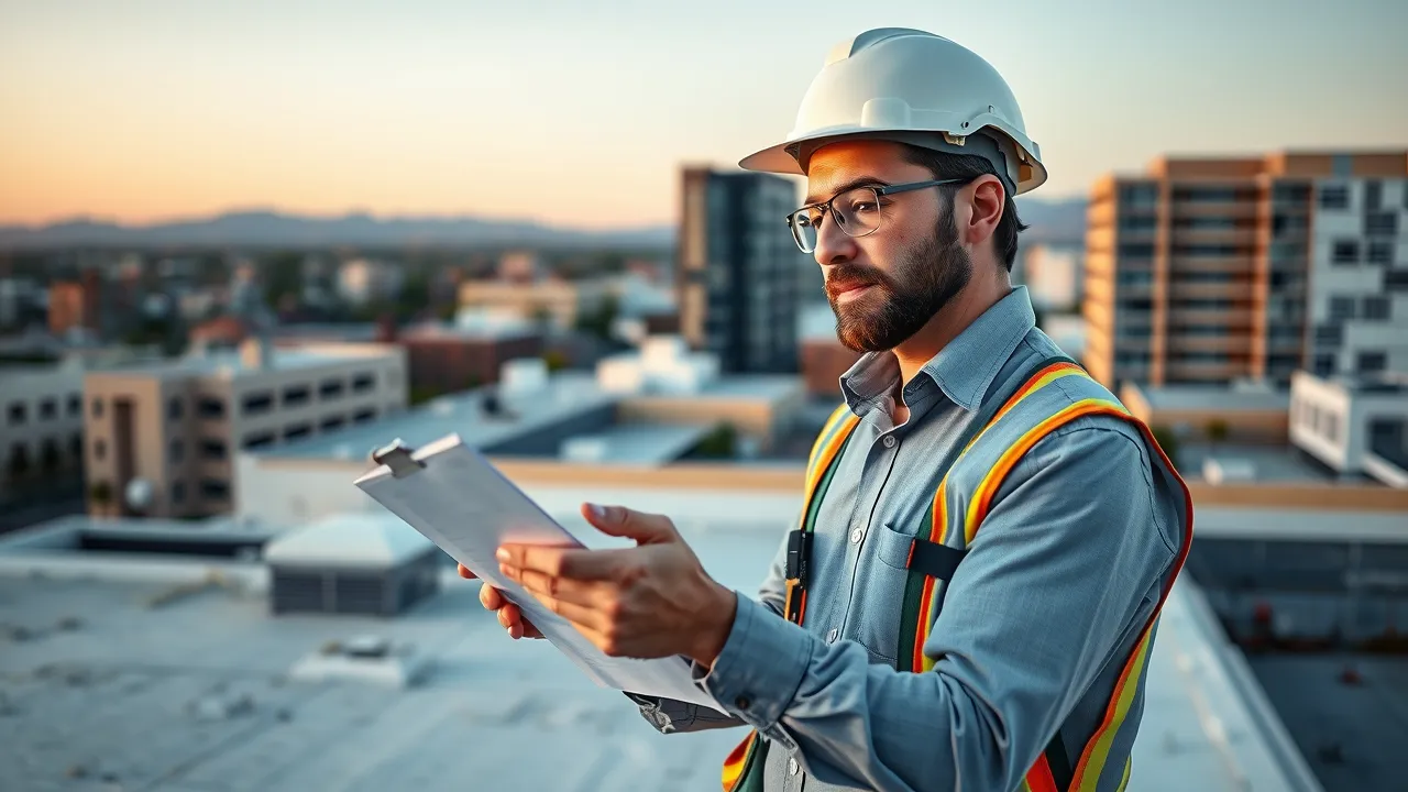 Confident roofing contractor inspecting commercial roof with checklist in Carlsbad NM, ensuring quality roof cleaning and service