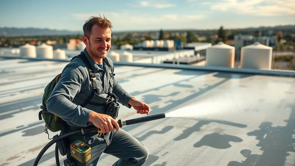 Technician performing soft wash cleaning on a large commercial roof in Carlsbad NM, demonstrating pressure washing and roof cleaning methods