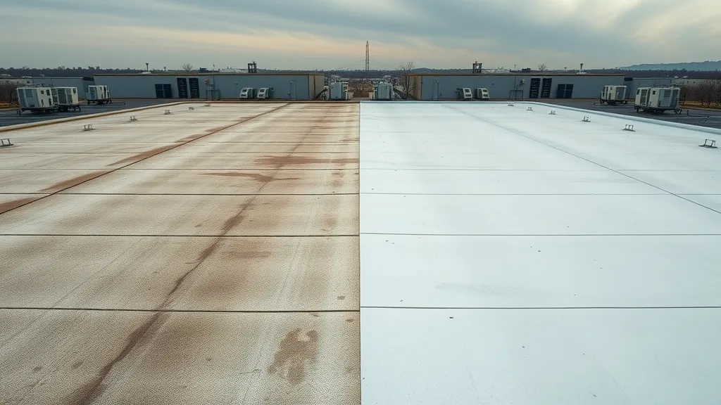 Expansive flat commercial roof showing before-and-after cleaning, highlighting debris removal and improved roof appearance