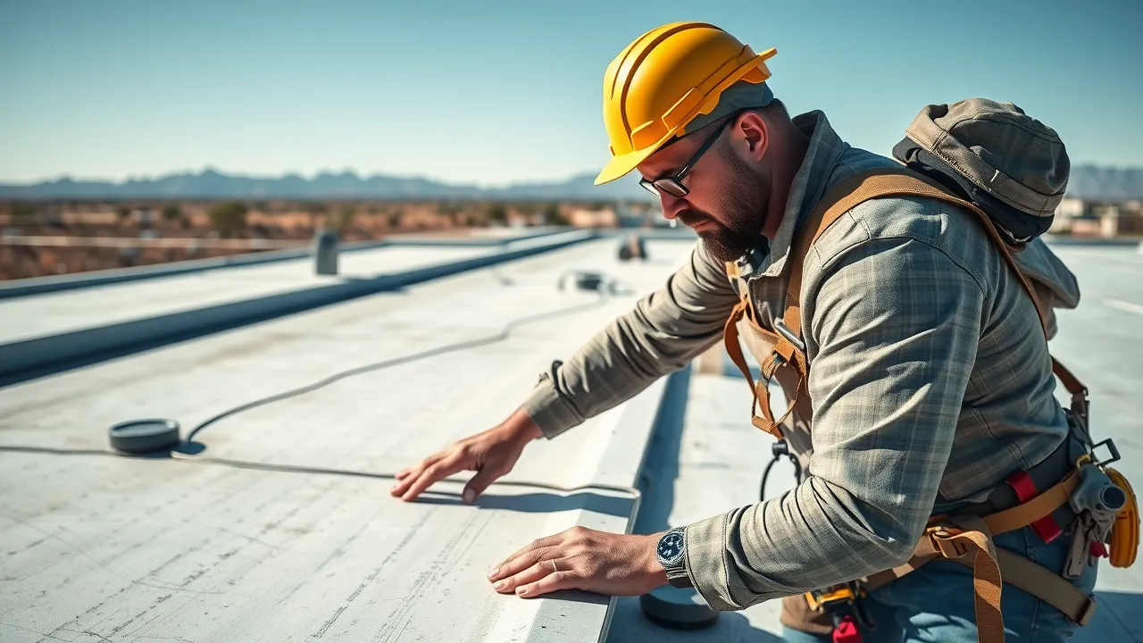 Professional roofing contractor inspecting a commercial roof with Carlsbad NM landscape, focused roof inspection by trusted roofing contractors Carlsbad NM