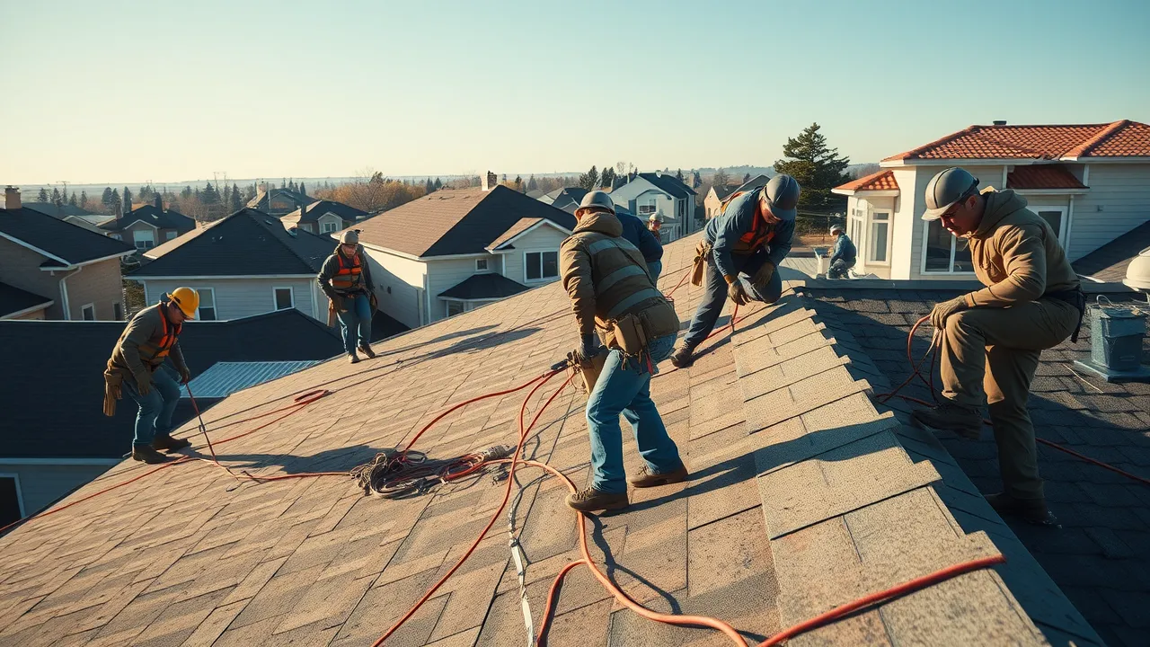 Diverse group of highly trained roofers from roofing contractors Carlsbad NM repairing residential and commercial roofs under New Mexico sky