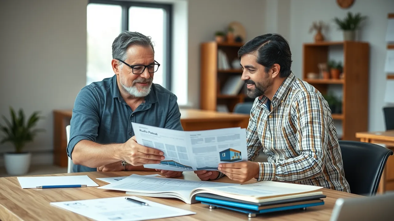 Roofing LLC representative and business owner review roofing proposal in Carlsbad NM