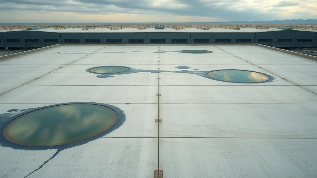aerial view of a large flat commercial roof with several pools of standing water, neutral expression, water reflecting subtle clouds, Photorealistic High Fidelity Lifelike, industrial building background with desert landscape hints, highly detailed, water ripples and reflective surfaces, 4k sharpness, natural muted colors, diffuse overcast lighting, shot with a tilt-shift camera lens