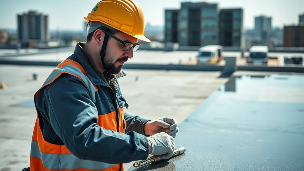professional roofing technician in safety gear inspecting a flat rooftop, focused and analytical expression, examining a section of the roof with tools in hand, Photorealistic High Fidelity Lifelike, urban commercial environment, highly detailed, visible water on roof and technical tools, crisp definition, blue-grey color palette, natural sunlight, shot with a 50mm lens