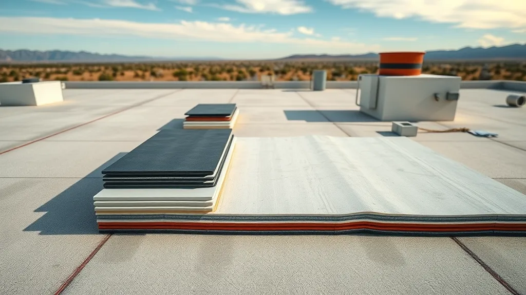 array of commercial roofing material samples (TPO, PVC, Modified Bitumen, EPDM) neatly displayed on a flat rooftop, informative and tidy presentation, showing different textures and layers, Photorealistic High Fidelity Lifelike, open sky with subtle New Mexico landscape in background, highly detailed, materials catching light with varied finishes, true-to-life colors, soft ambient daylight, shot with a 35mm lens