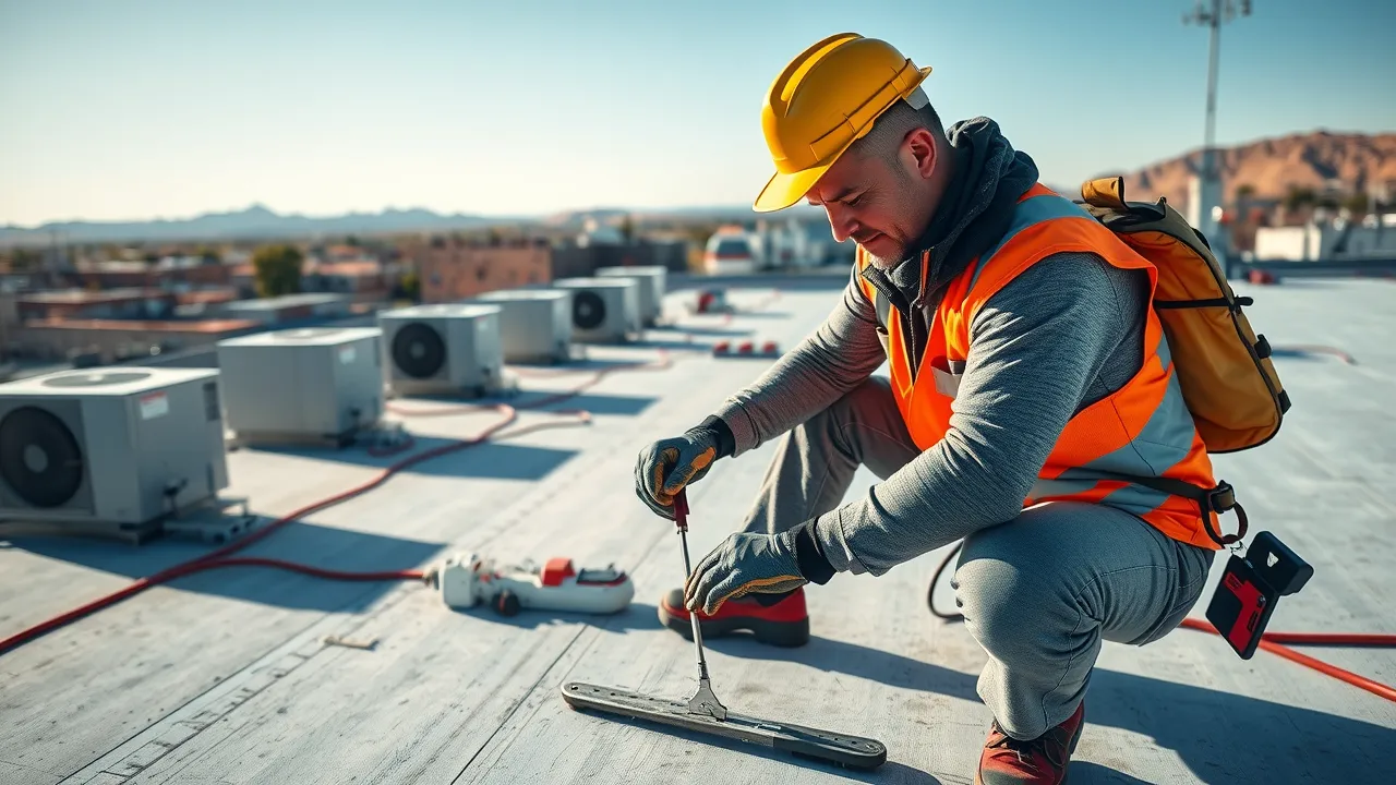 rooftop maintenance crew performing roof inspection with tools and safety vests, collaborative and proactive attitude, one member clearing debris while others check drain, Photorealistic High Fidelity Lifelike, flat commercial rooftop with HVAC units in Carlsbad NM background, highly detailed, action scenes with movement in cleaning, vibrant colors, morning light, shot with a wide-angle lens