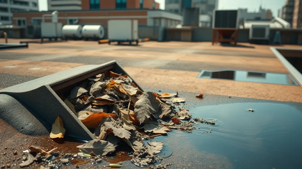 close-up of a blocked commercial roof drain filled with debris like leaves and dirt, concerned expression implied by disorganization, stagnant water pooling nearby, Photorealistic High Fidelity Lifelike, urban rooftop environment with HVAC units in the background, highly detailed, water glistening, 6K detail, earthy tones, midday sunlight, shot with a macro lens