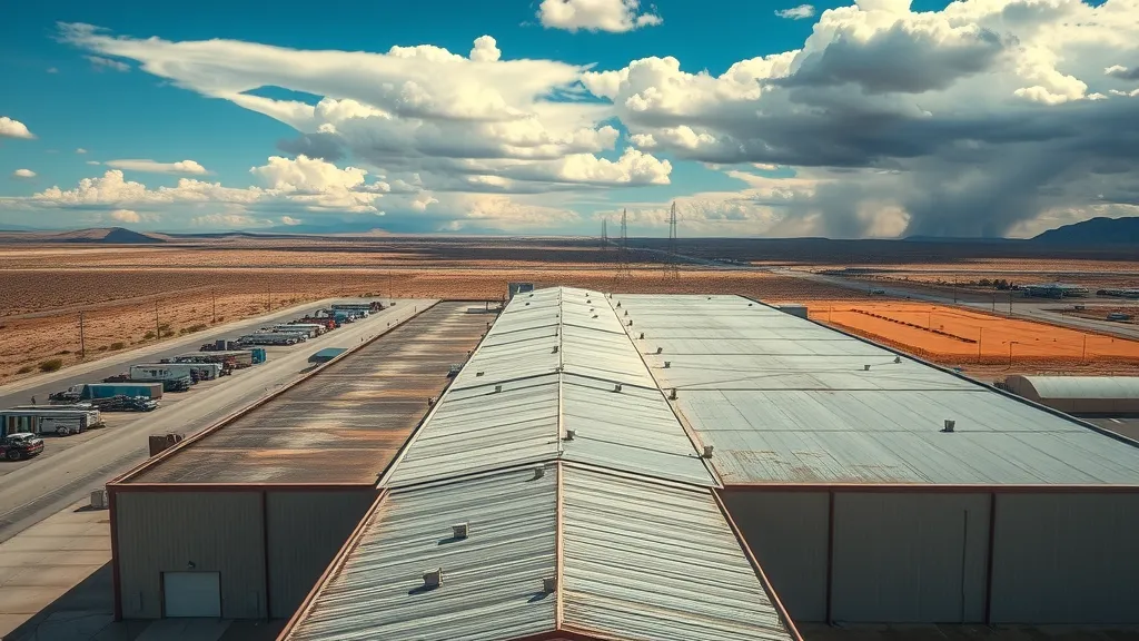 striking aerial view of a large warehouse roof under the Carlsbad NM sky, showing aged and newly restored roof sections, warehouse roof recover options Carlsbad NM