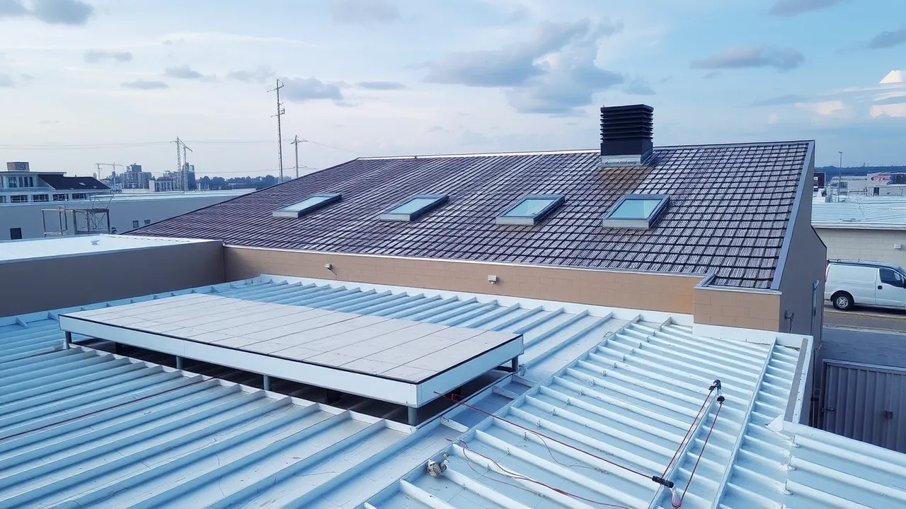 dramatic scene of storm approaching warehouse district in Carlsbad NM, maintenance crew preparing for weather on warehouse roof, storm damage, roof recover options