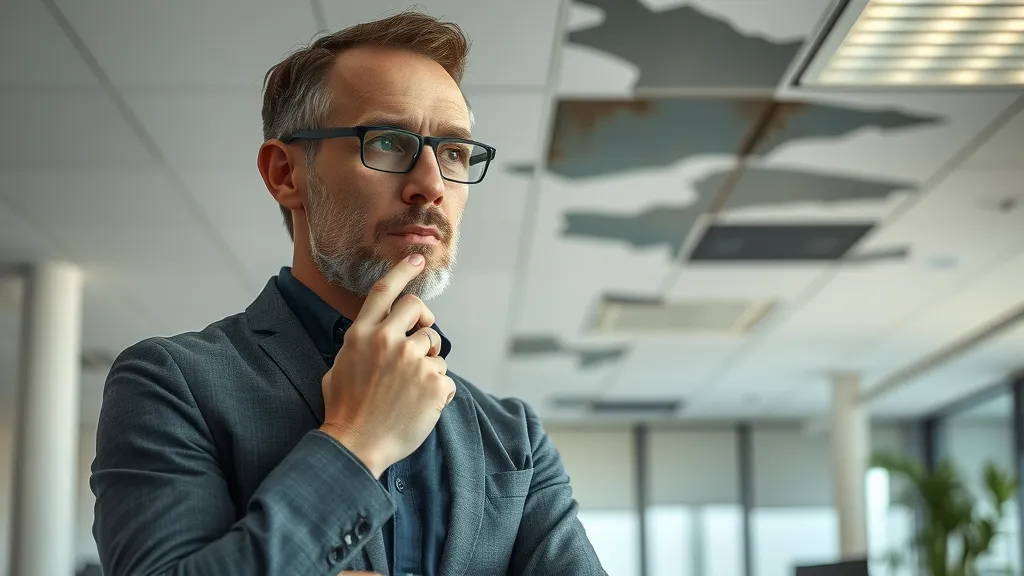 Concerned commercial property owner examines water stains on ceiling indicating need for commercial roof leak solutions Carlsbad NM