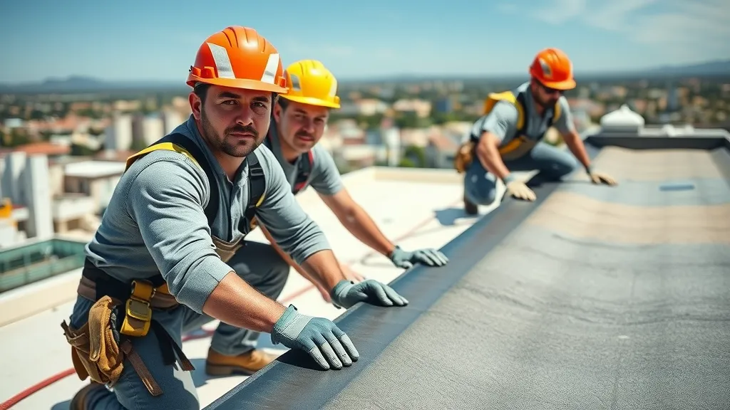 Professional roofing contractors installing flat roof membrane for commercial roof leak solutions Carlsbad NM
