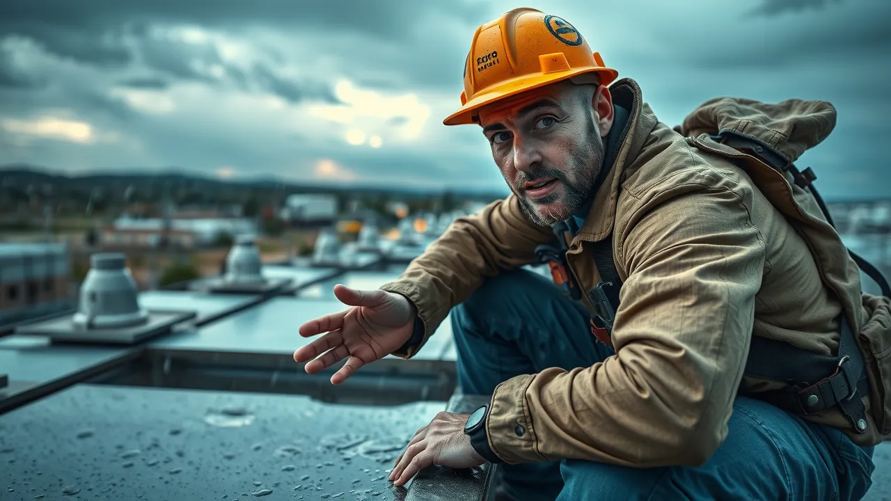 Emergency commercial roof repair team providing urgent leak solutions during a Carlsbad NM rainstorm