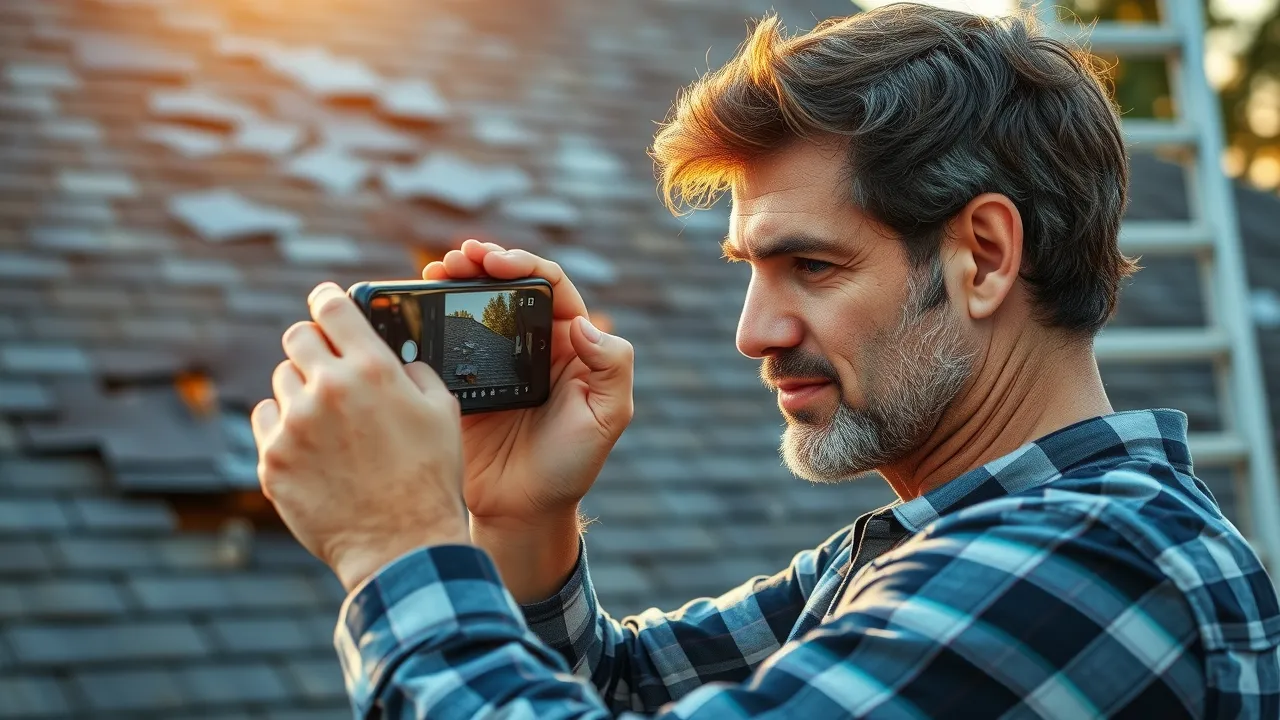 Homeowner taking photos of storm roof damage for emergency roof repair after storm Hobbs Artesia and insurance claims
