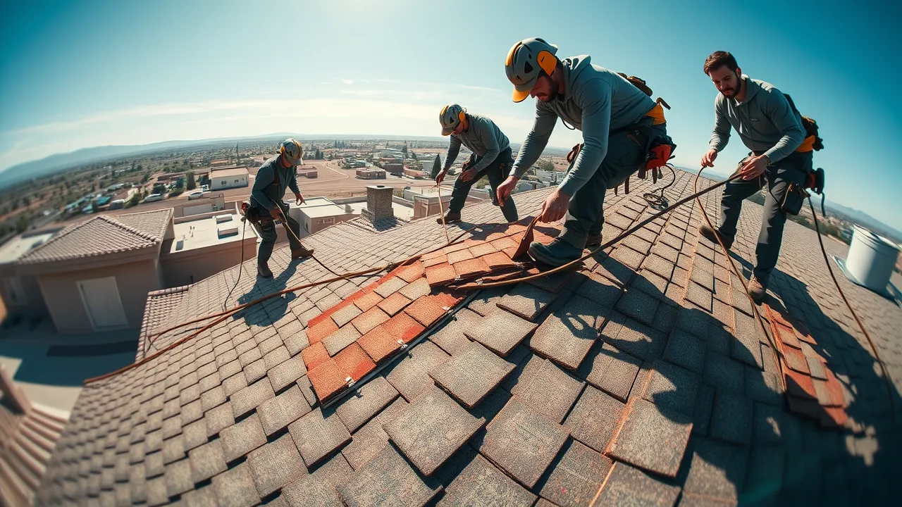Roofing team collaborating on major residential emergency roof repair after storm Hobbs Artesia