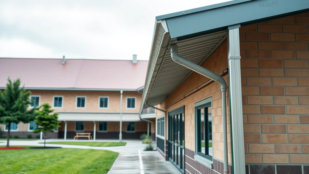 Wide-angle view of a school building with a modern commercial roof and gutter system in Carlsbad NM, gutters directing rainwater efficiently, vibrant roof and gutters, landscaped schoolyard, student safety features visible